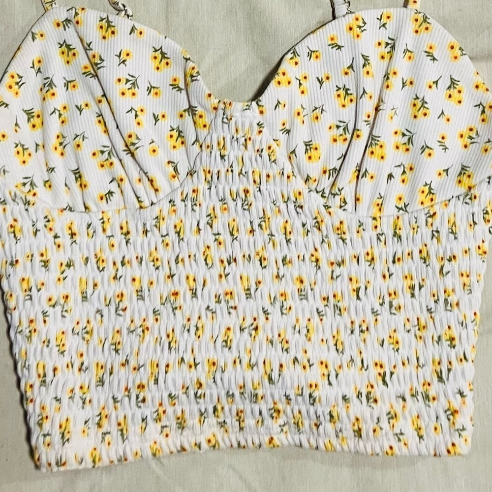 Forever 21 Bustier Smocked Tank Top in White + Yellow Floral Print | size Small - Picture 4 of 6